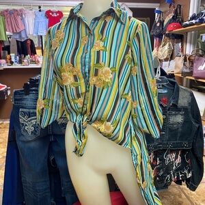 Mileage size small blue coral yellow‎ black striped floral high low sheer casual
